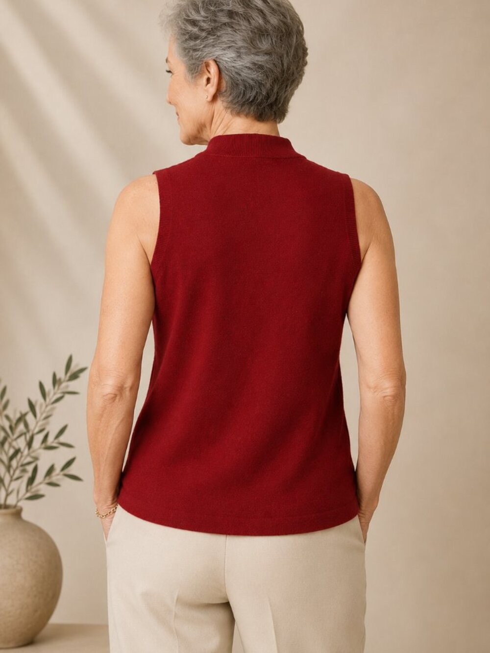 Vintage Eileen Fisher 100% Italian Wool Mock Neck Sleeveless Knit Top Cherry Red - Picture 2 of 6